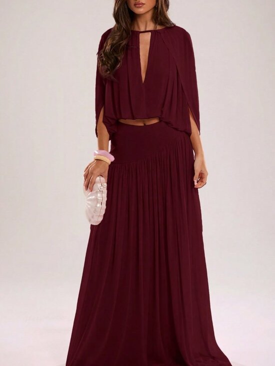 Tops - Burgundy Elegant Women's Casual Vacation Layered Ruffle